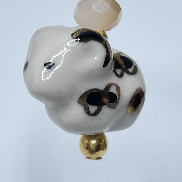 Artisan Ceramic Ram Gold Crystal Glass Beaded Earrings Dangle Gold Tone Unique - Picture 3 of 7